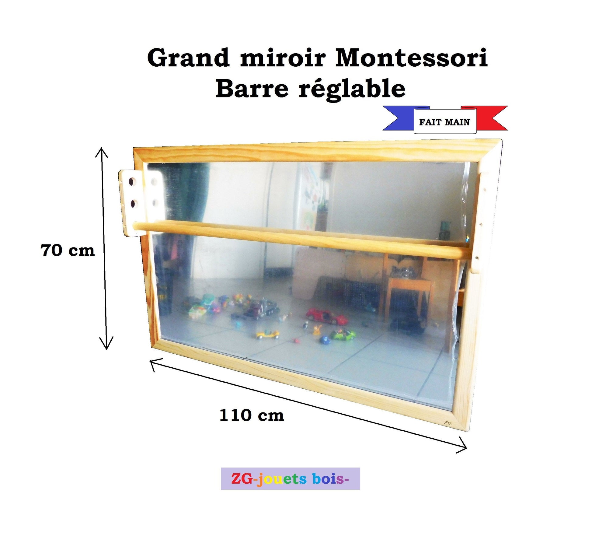 Miroir acrylique incassable Montessori pour bébé, bois, barre de